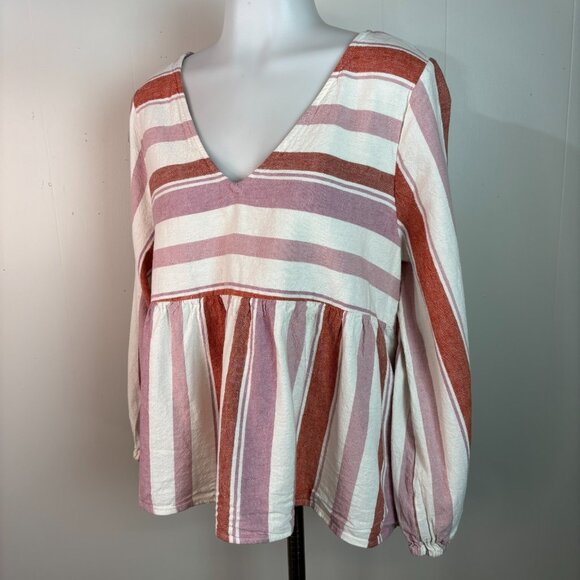 American Eagle Babydoll Tunic Top Large White Pink Striped V-Neck Cotton Blend - Picture 4 of 9